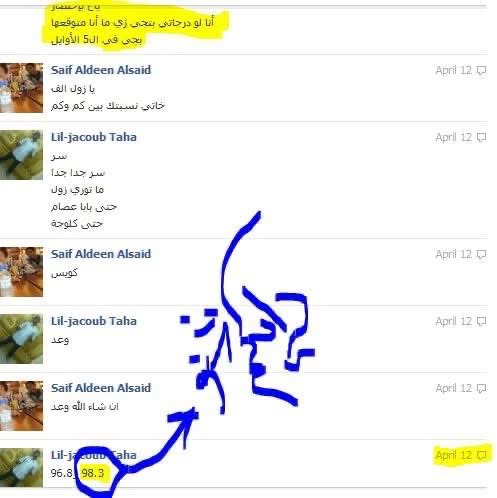 The timestamped Facebook conversation from April 12, 2011 showing my prediction range of 96.8-98.3%